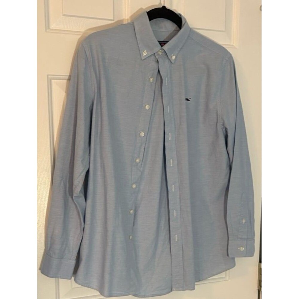 Vineyard Vines light blue button down dress shirt with navy blue whale